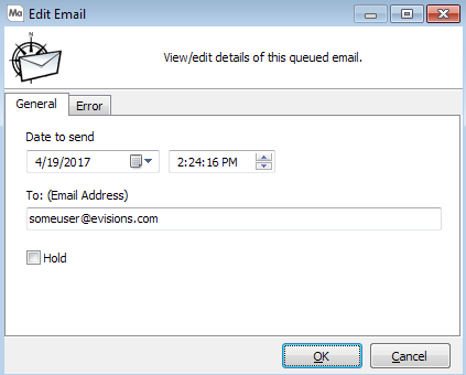This image shows the Edit Email dialog where you can view and edit details of a queued email.